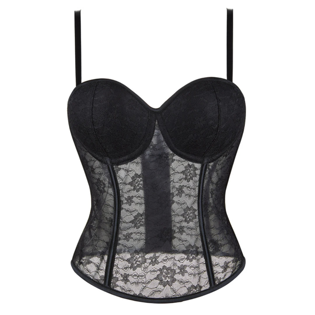 Black Sheer Lace Corset Top With Straps