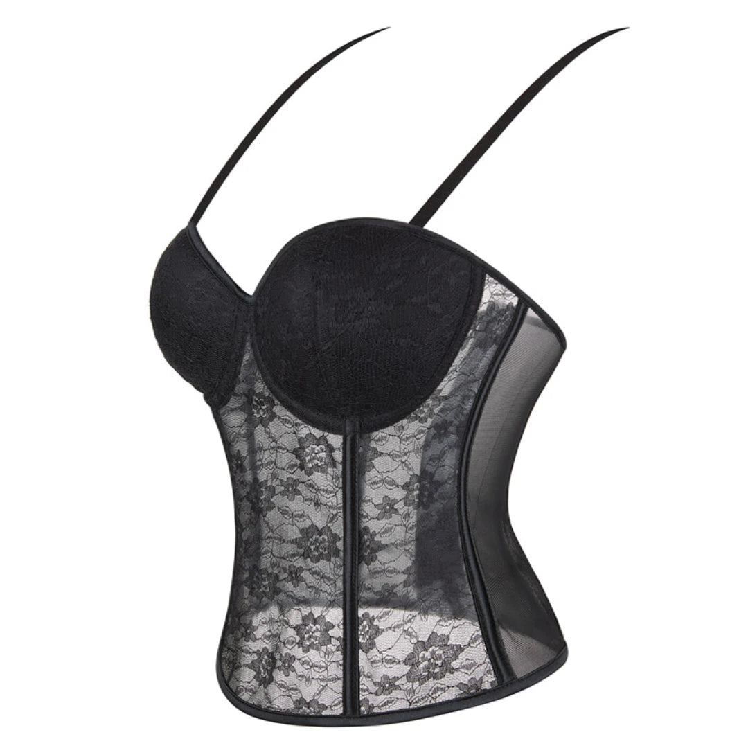 Black Sheer Lace Corset Top With Straps