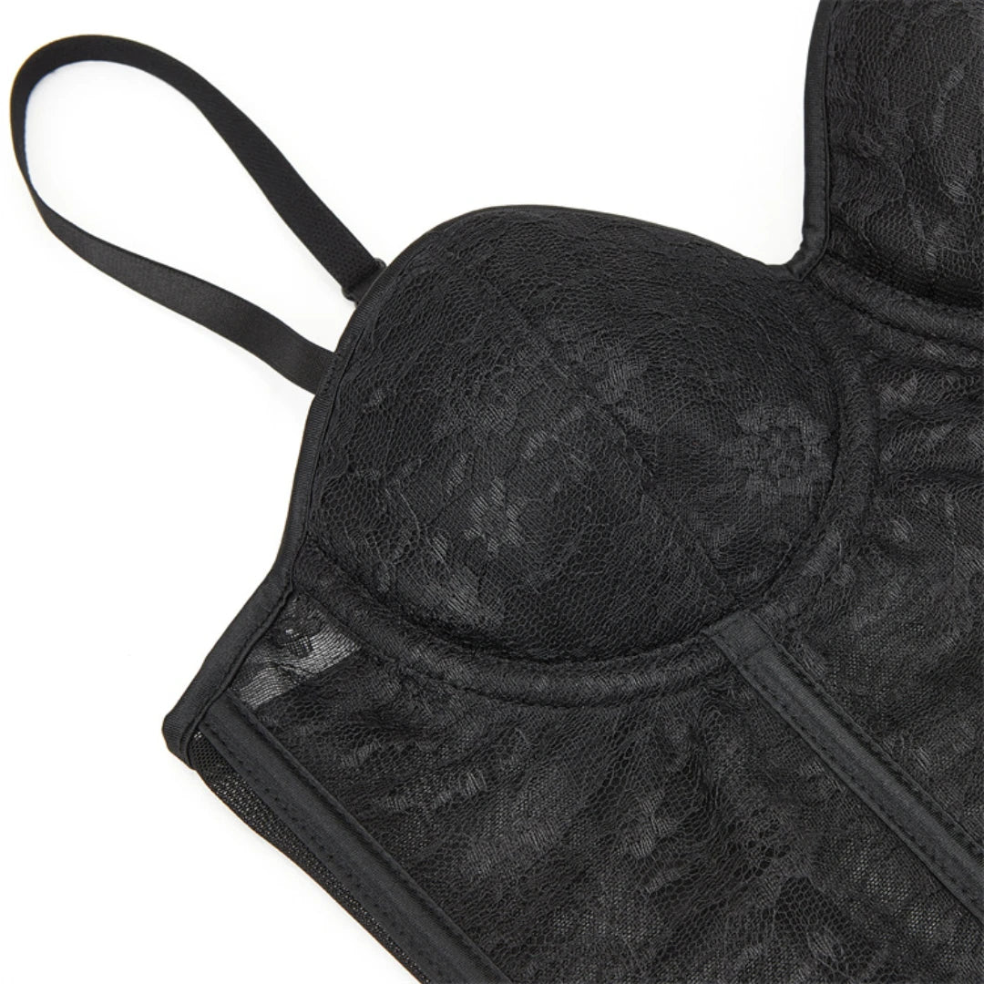 Black Sheer Lace Corset Top With Straps