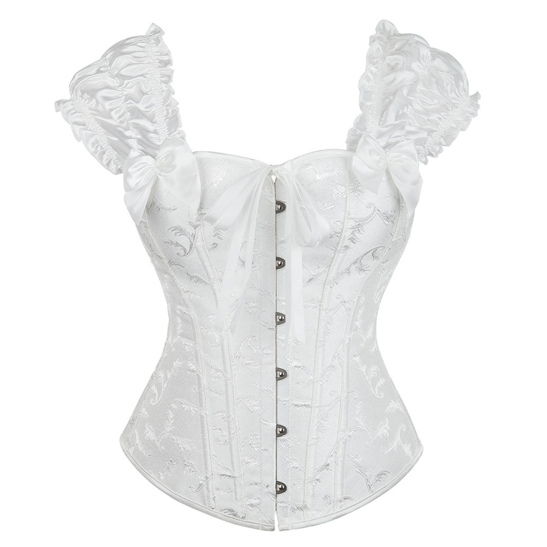 White Floral Jacquard Overbust Corset With Bubble Lace Sleeves | JAMSHAPE
