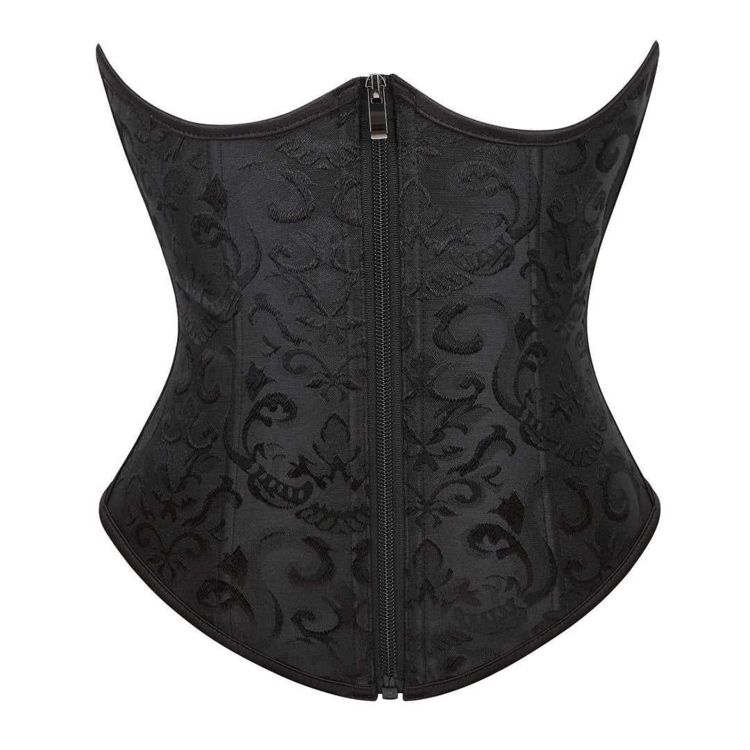 Black Floral Jacquard Waist Trainer Underbust Corset With Zipper | Jamshape