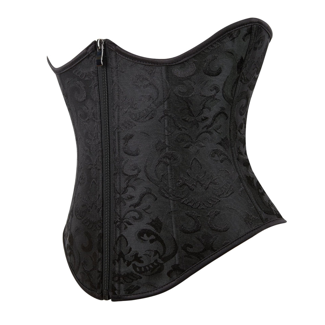 Black Floral Jacquard Waist Trainer Underbust Corset With Zipper | Jamshape
